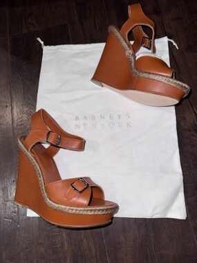 Barneys New York Brown Leather & Rope Wedge Espadrilles Platform Sandals 6-7